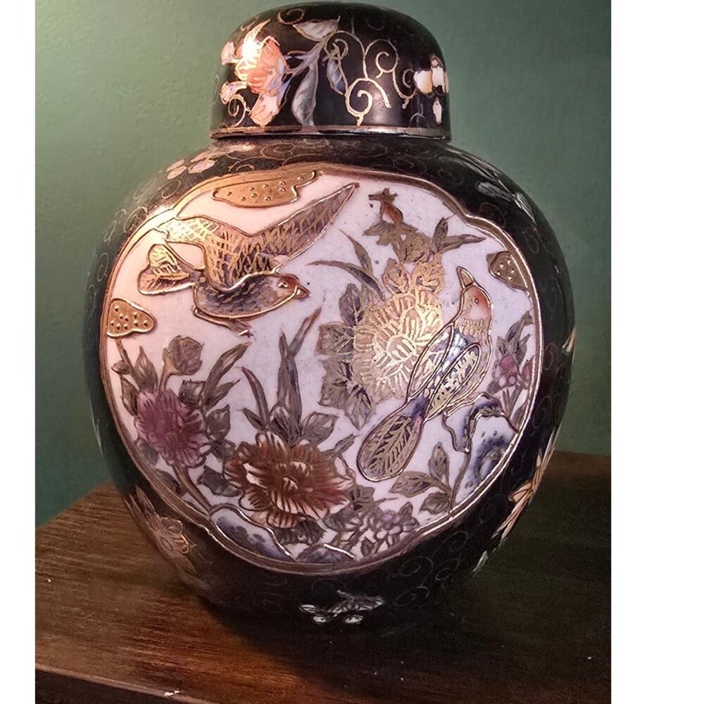 Elegant Mid Century Navy Satsuma Porcelain Ginger Jar